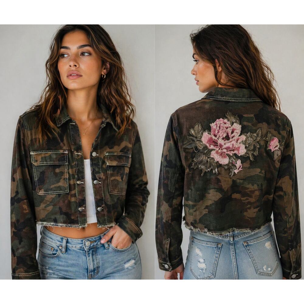 Reworked Camo Crop Jacket Floral Embroidered Back Distressed Denim Curve 12 0XL